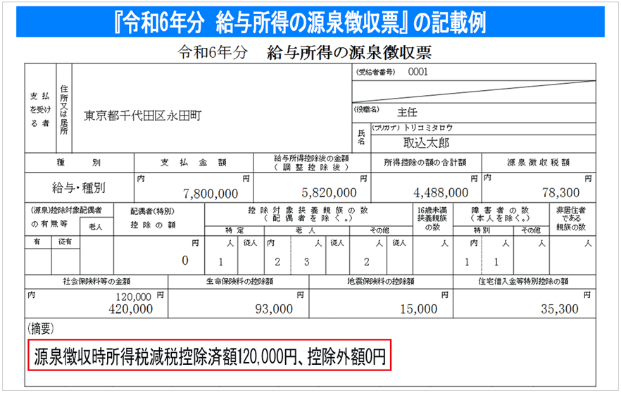 令和6年分の給与所得の源泉徴収票サンプル画面