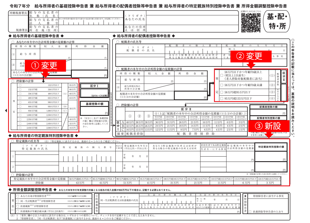 令和7年分 給与所得者の『基・配・特・所』申告書に係る記載欄